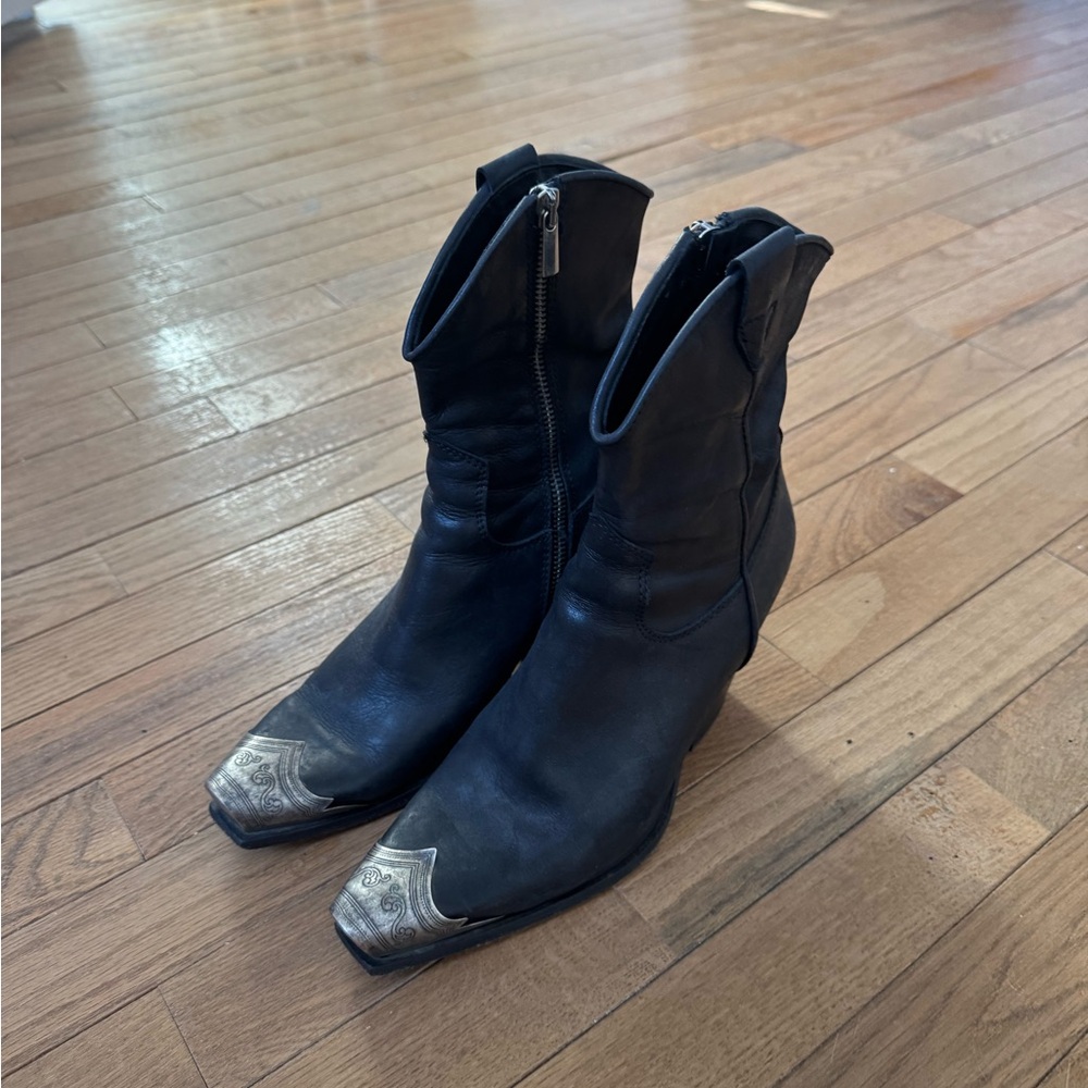 Free People Black Leather Cowboy Boots with metal toe